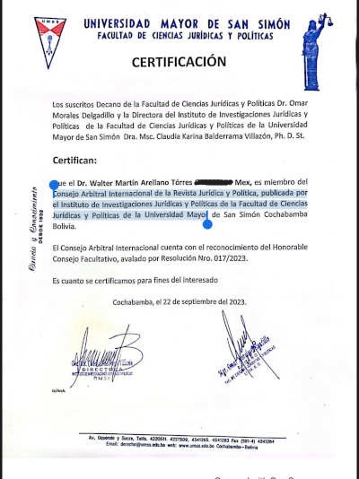 Certificación en la Universidad Mayor de San Simón Facultad de Ciencias Jurídicas y Políticas